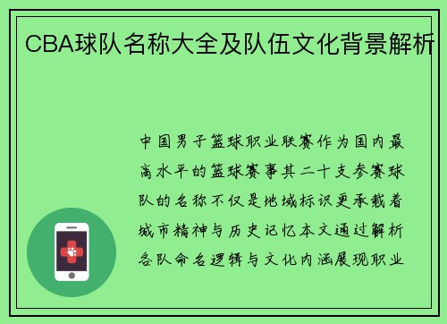 CBA球队名称大全及队伍文化背景解析
