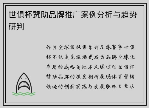 世俱杯赞助品牌推广案例分析与趋势研判