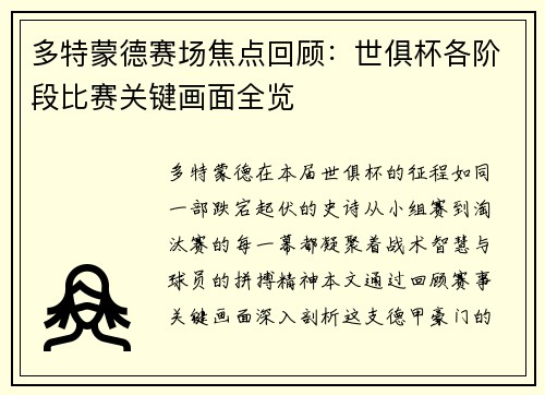 多特蒙德赛场焦点回顾：世俱杯各阶段比赛关键画面全览