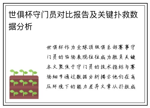 世俱杯守门员对比报告及关键扑救数据分析