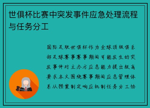 世俱杯比赛中突发事件应急处理流程与任务分工